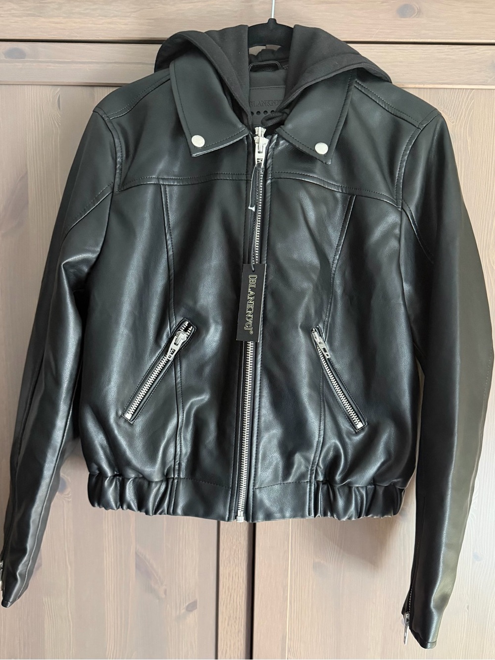 BLANKNYC  Black Faux Leather Moto Jacket Large-NWT with removable black hoodie